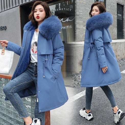 Winter Parka 2024 New Women Jacket Clothes Long Coat Wool Liner Hooded Jacket Fur Collar Thick Warm Snow Wear Fashion Parka